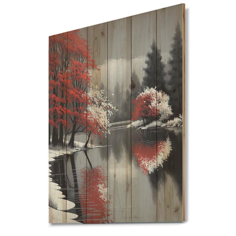Snowy Red Trees By The Riverside - Art mural en bois paysage de forêt - bois de pin naturel, H 40 po x l 30 po x P 1,5 po