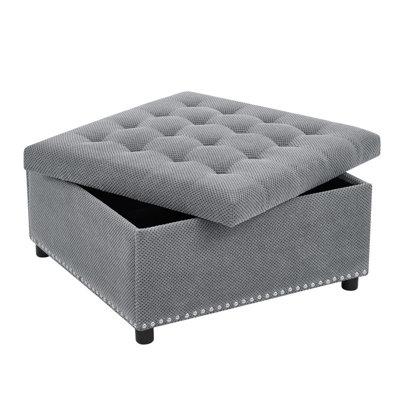 Light Grey Square Storage Ottoman with Tufted Design and Nailhead Trim