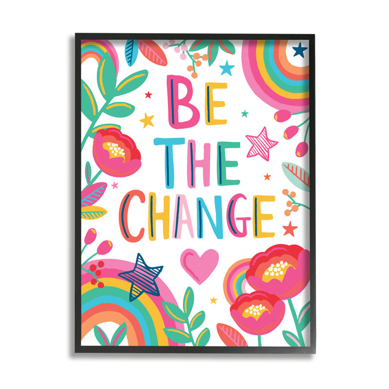 Be The change phrase étoiles et fleurs arc-en-ciel, H 20 po x l 16 po x P 1,5 po, Giclée encadrée noir minuit