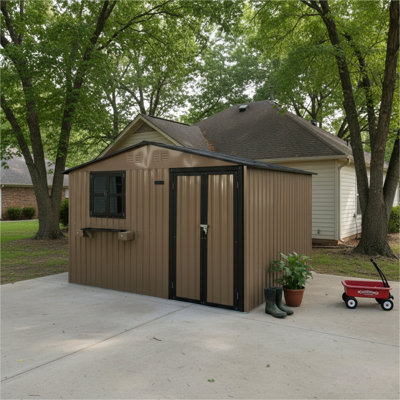 Remise de rangement extérieure en métal 10 pi x 8 pi avec fenêtre et support à fleurs, remise à outils à double porte verrouillable, remise de jardin imperméable et imperméable pour patio