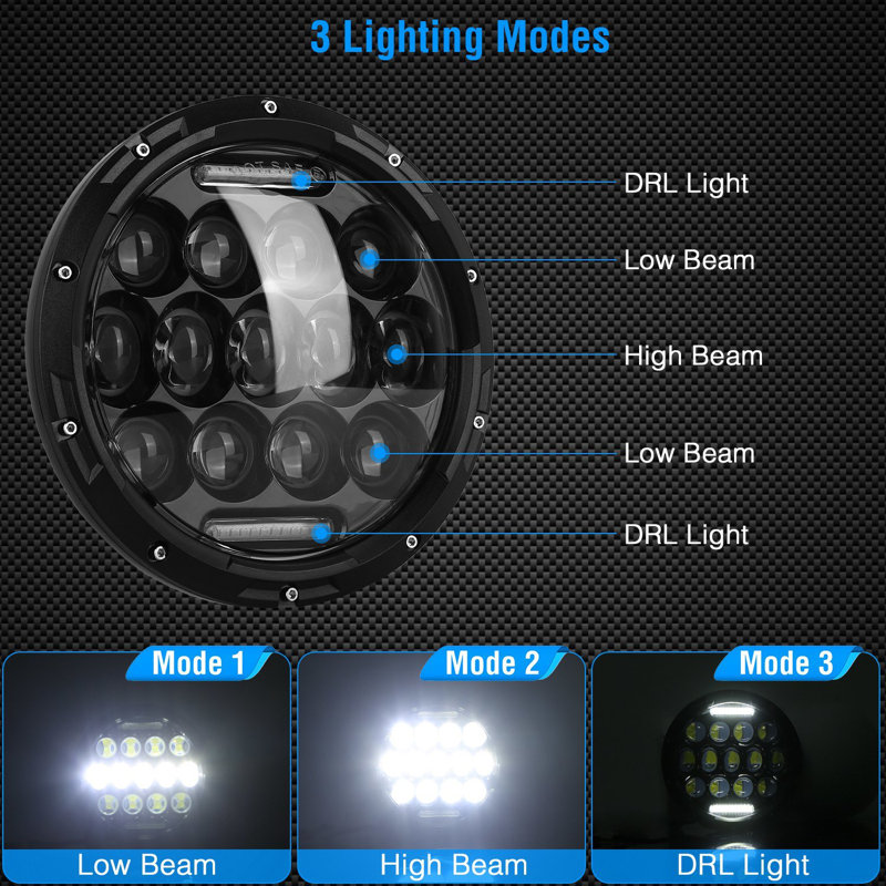 2Pcs 7In Round LED Headlights - Black, 75W, 3800LM - Halo Car Headlamps, Plug and Play