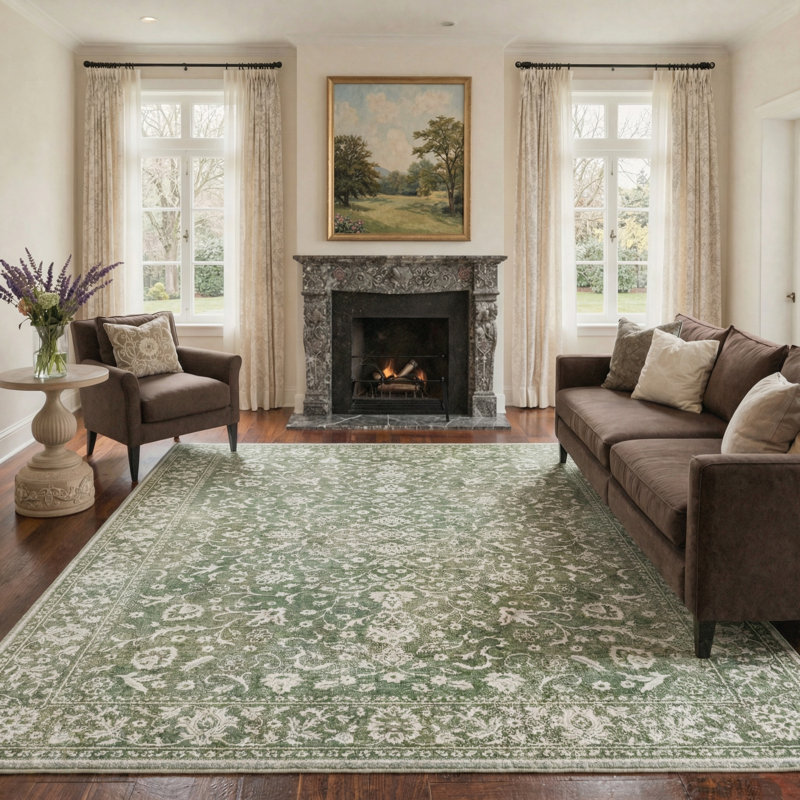 Tapis d'intérieur floral vert / blanc lavable à la machine avec envers antidérapant Aria, Vert, Rectangle 5 pi x 7 pi