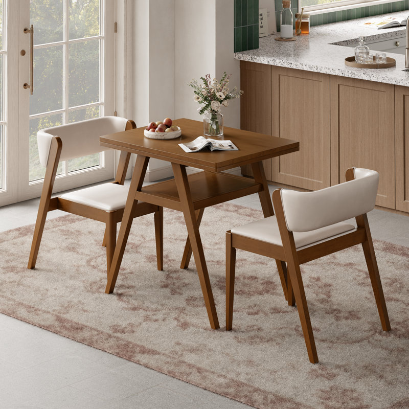 Aderyn Adryell Solid Wood 3-Piece Dining Set, Under-Table Open Storage & Tiered Stackable Design Chairs for Small Spaces