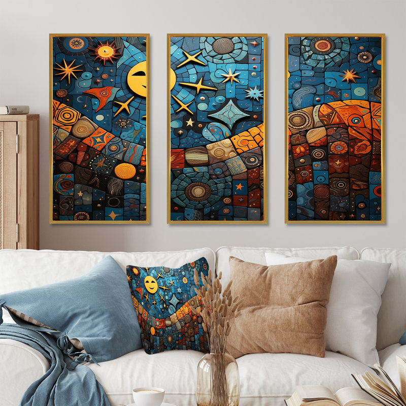 Mélange de mosaïques bleues et oranges - Boho, Cadre flottant doré, H 28 po x l 36 po x P 1 po