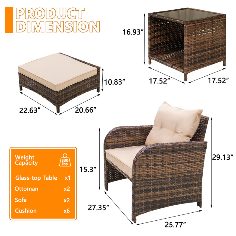 Constantino 2-Person Outdoor All-Weather Wicker Conversation Set with Ottomans and Tempered Glass Coffee Table