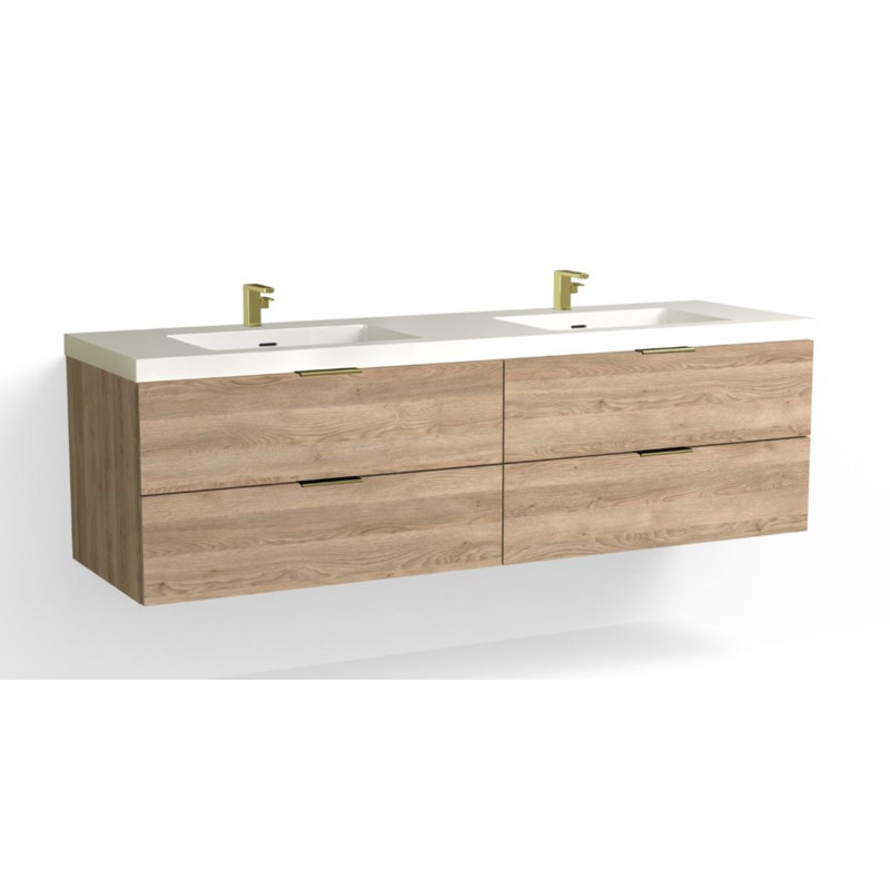 Avila 72" W Wall Mounted Double Bathroom Vanity, Satin Brass, White Acrylic, Gloss White/Single