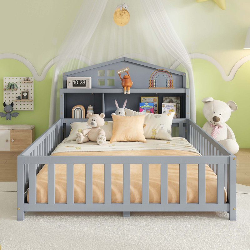 Full-Size Montessori Floor Bed With Bookcases And Blackboards,Versatile Platform Beds With Guard Rails, Solid Wood Floor Beds With Storage Headboards,Floor Beds For Kids And Teens
