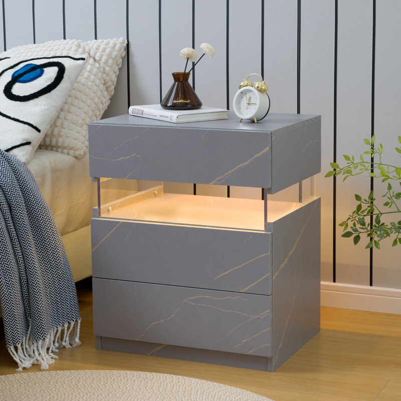 Gold and Gray Acrylic LED Nightstands with 3 Drawers
