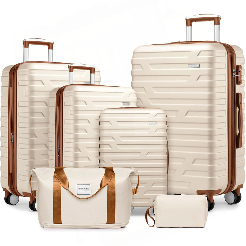 Ensemble de 6 valises avec sacs de voyage, valises rigides extensibles avec roulettes à verrou TSA, Crème
