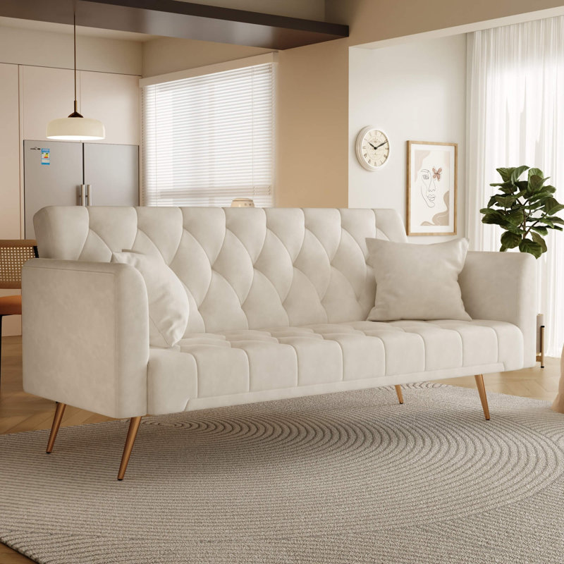 71" Convertible Loveseat Sofa, American Retro Velvet Sleeper Couch For Small Living Rooms, Bedrooms & Offices, Beige