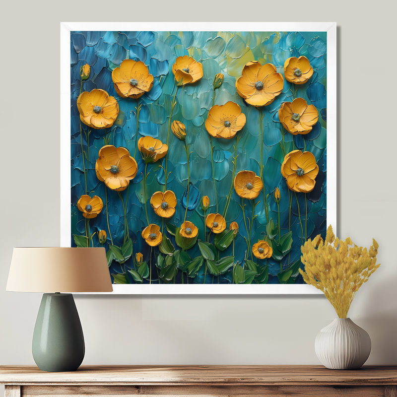 «Yellow Green Natures Joy Buttercups - Buttercups», reproduction d'art murale, Toile encadrée blanche avec une seule photo