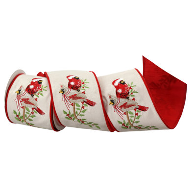 4"X5Y Embroidered Dupion Cardinal W/Holly Ribbon