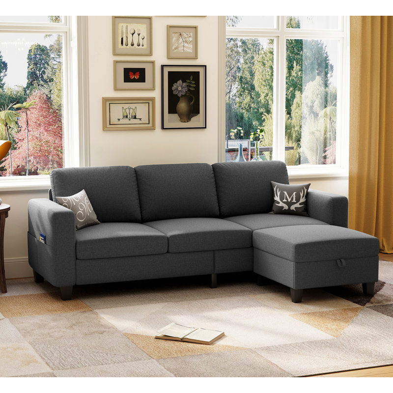 78'' Upholstered Sofa Couch With Movable Ottoman, Gray