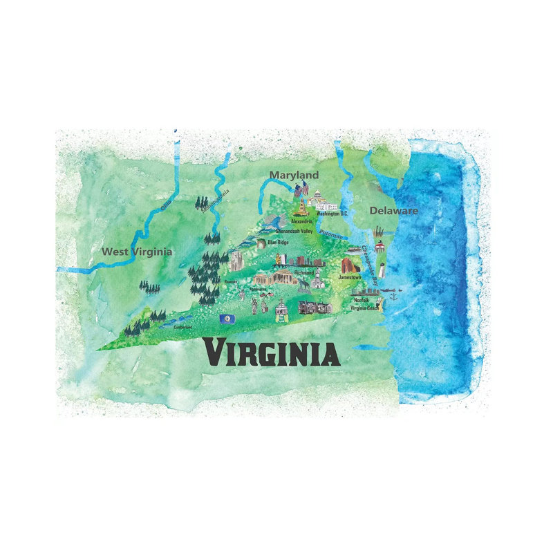 Virginia State Travel Map by Markus & Martina Bleichner - Wrapped Canvas Print, 20.32 cm H x 30.48 cm W