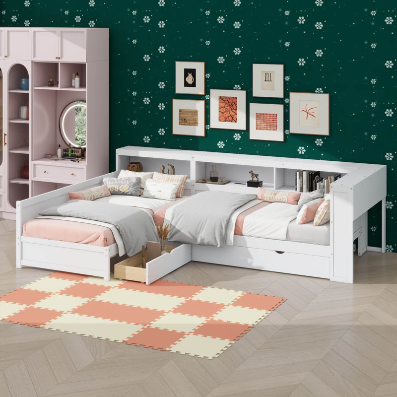 Lit plateforme simple en L avec lit gigogne et tiroir simple, Blanc