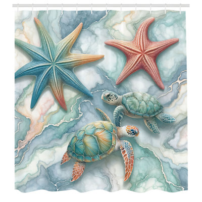 East Urban Home Coastal Shower Curtain Starfish and Sea Turtles in Blue Grey Seafoam and Coral -  59BEBAB160DE4F91B0BB99A717BF7B95