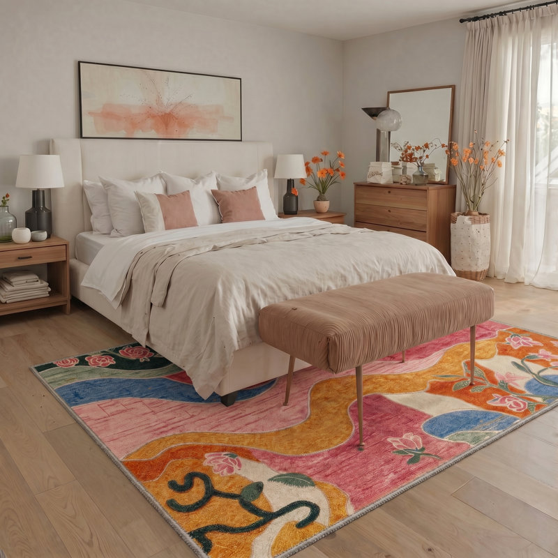 Verdant Floral Machine Washable Green / Pink / Blue / Yellow / Orange Indoor Area Rug with Non-Slip Backing