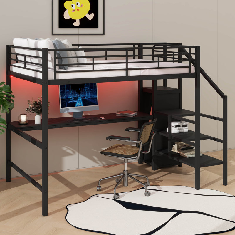 Lit mezzanine double avec bureau intégré et escalier de rangement, éclairage DEL et garde-robe compacte