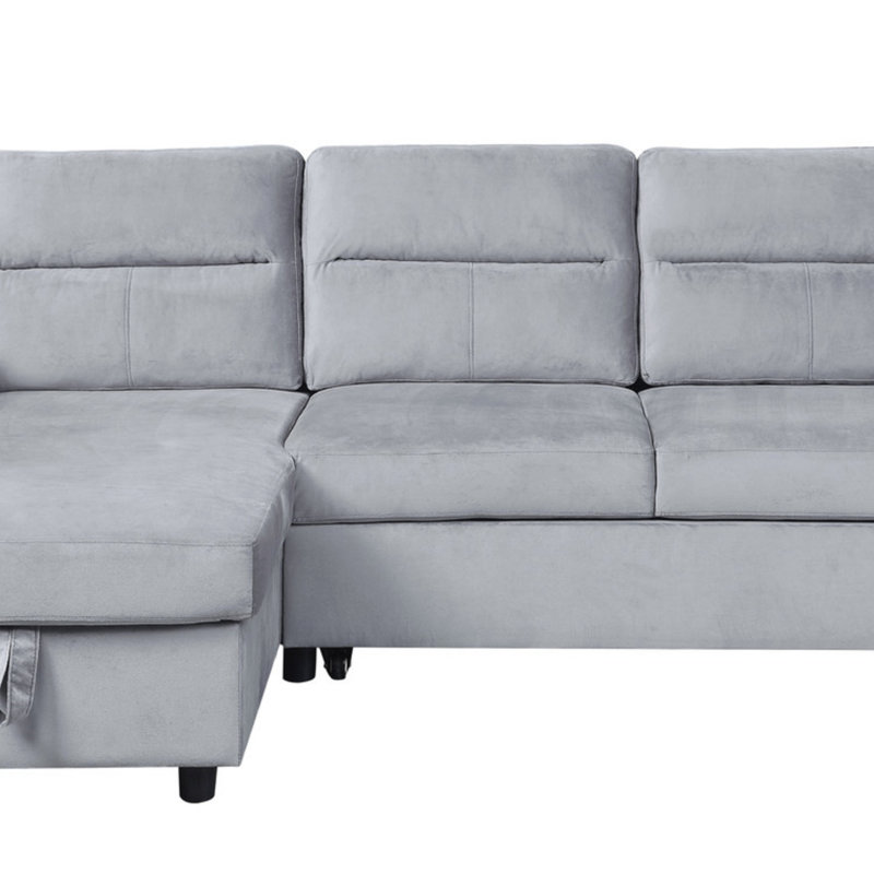 Canapé-lit modulaire en velours réversible avec méridienne de rangement et poche latérale, Gris clair