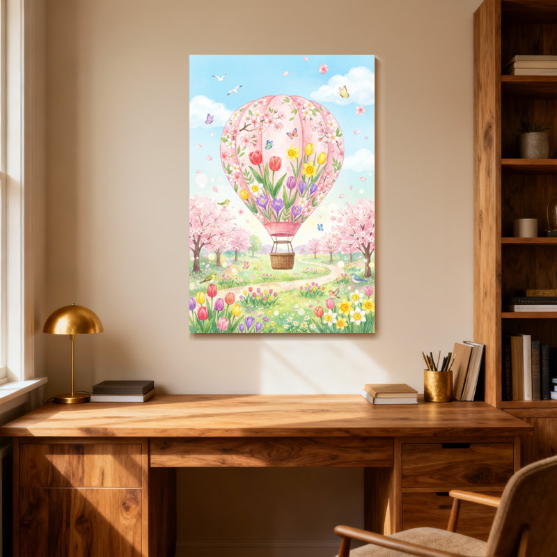 Paysage et nature, montgolfière, jardin de fleurs de cerisier, H 18 po x l 12 po