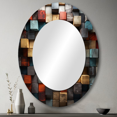 Bleu et rouge abstrait cubes IV - miroir mural ovale moderne multicolore