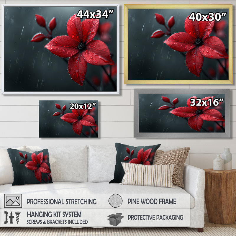 Décoration de gouttes de pluie rouge et noir poinsettia II - Plantes, Toile avec cadre flottant brun