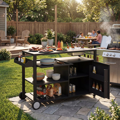Chariot de cuisine d'extérieur avec seau à glace intégré, table de préparation pour barbecue avec tablettes de rangement et armoire, station de bar d'extérieur en métal robuste