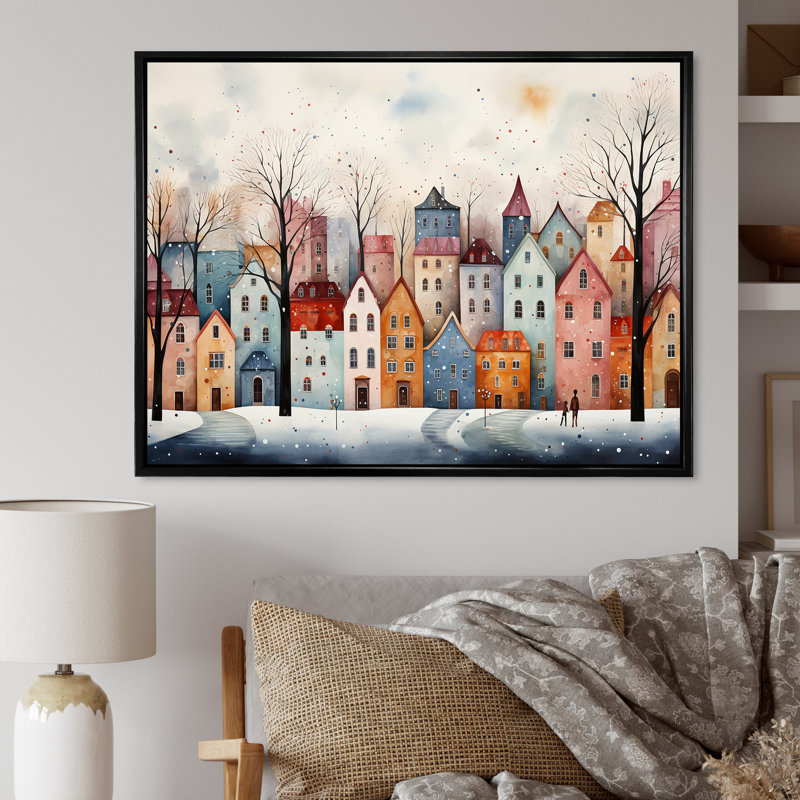 Multicolor Frosty City In Winter III - Art mural paysage d'hiver, Cadre flottant noir, H 12 po x l 20 po x P 1 po