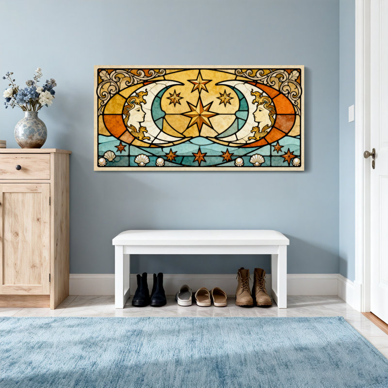 Vitrail tendance, étoiles de lune, vagues de l'océan, coquillages, H 28 po x l 58 po