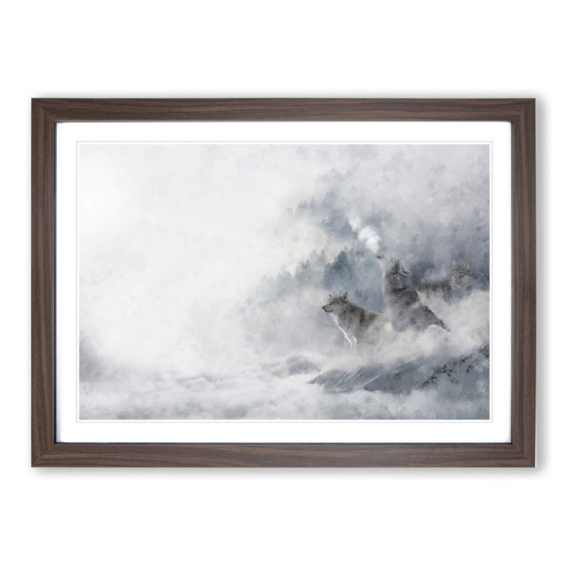 Wolves in Winter - Picture Frame Painting, 48cm H x 65cm W x 2cm D, Walnut Framed