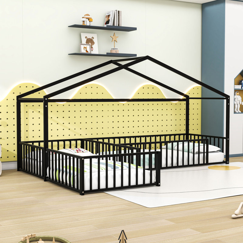 Metal Double Twin L-Shaped Floor Bed With Partitioned Guardrails, Black