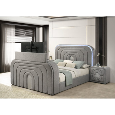 Lit gris avec foyer, armoire télé relevable, haut-parleur - tête de lit à DEL, éclairage de foyer contrôlé, 50 pour très grand lit, 13 lattes pour 2 pièces, 2 pieds, 16 couleurs, matériau en bois et en mousse, l 77 po x P 81 po et H 59 po