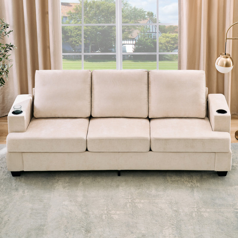 Canapé moderne à 3 places, canapé en chenille de 89 po avec siège profond, porte-gobelets et poches de rangement latérales - Canapé de salon confortable pour appartements, salons et petits espaces