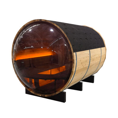 Sauna extérieur extérieur en cèdre rouge noueux avec grande fenêtre en acrylique courbée, toit en bardeaux d'asphalte imperméable avec lumière DEL chaude, cabine de tonneau pour 4 à 6 personnes dans la cour arrière, salle de sauna avec patio et jardin