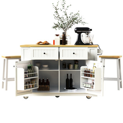 Chariot pour îlot de cuisine 48 pouces avec support de rangement interne, bloc d'alimentation, 5 roulettes, 2 tiroirs, tablettes réglables, rangement blanc, source, 5 mouvements, modèle