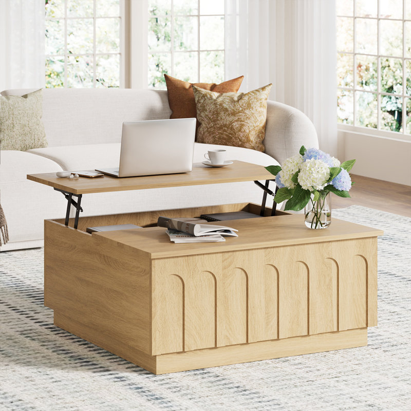 Table basse carrée 31,5 po à plateau relevable moderne avec design arqué et rangement caché, Oak
