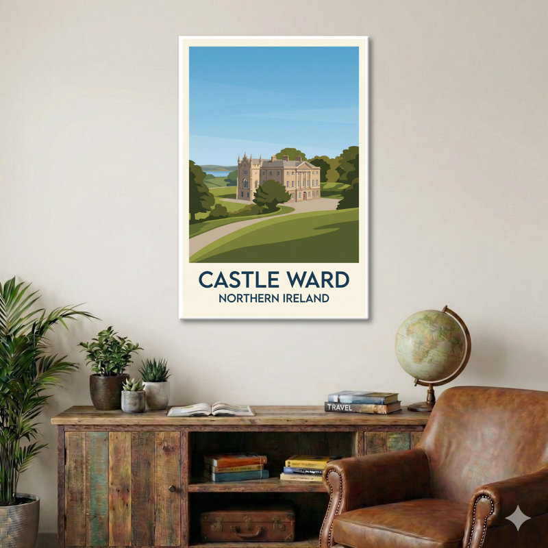 Castle Ward, Northern Ireland - Romantic Travel Poster Of Georgian House And Strangford Lough. Giclee Print On Wrapped Canvas. Wall Art, Home Decor - Castles & Palaces, Northern Ireland - Wrapped Canvas Print