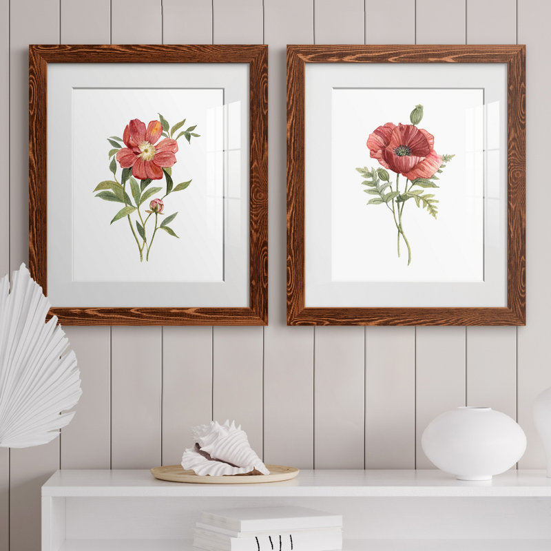 Pivoine écarlate - ensemble de 2 reproductions d'art, H 20 po x l 17 po x P 1 po, Papier avec cadre érable, Blanc