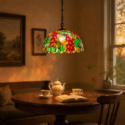 Lampe suspendue d'inspiration Andrea Tiffany avec mosaïque de fruits en verre - Luminaire suspendu en verre coloré Art Nouveau de 12 po pour îlot de cuisine, salle à manger et entrée