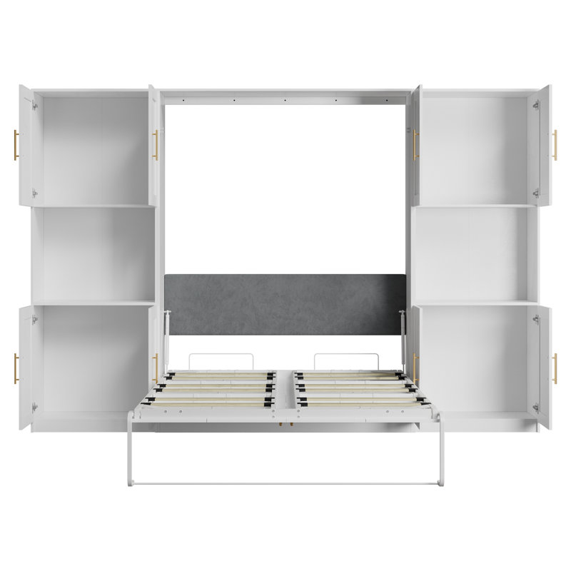 Queen Murphy Bed With Storage Cabinet And Open Shelves, Hidden Foldable Wall Cabinet Bed, White