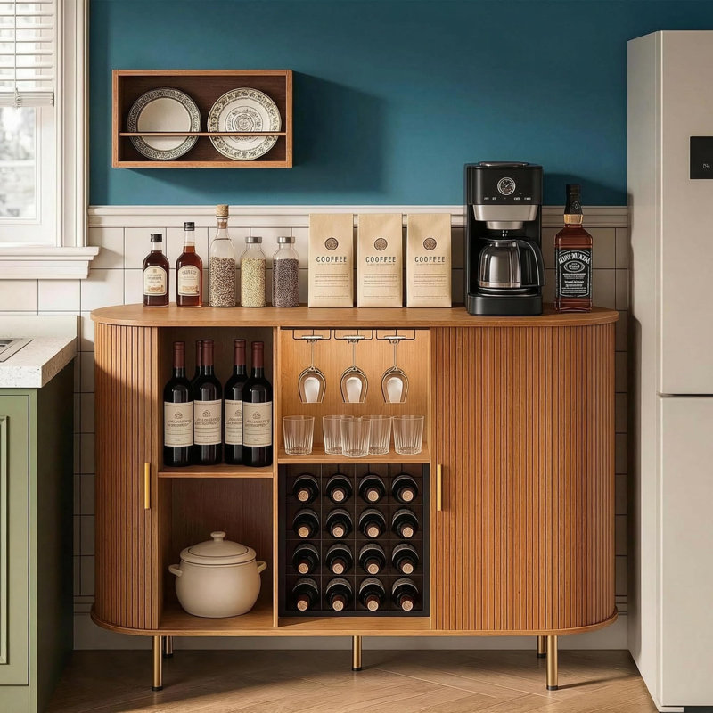 Mid-Century Wine Coffee Bar Cabinet, Adjustable Wine Rack  & Wine Glass Holder, Brown