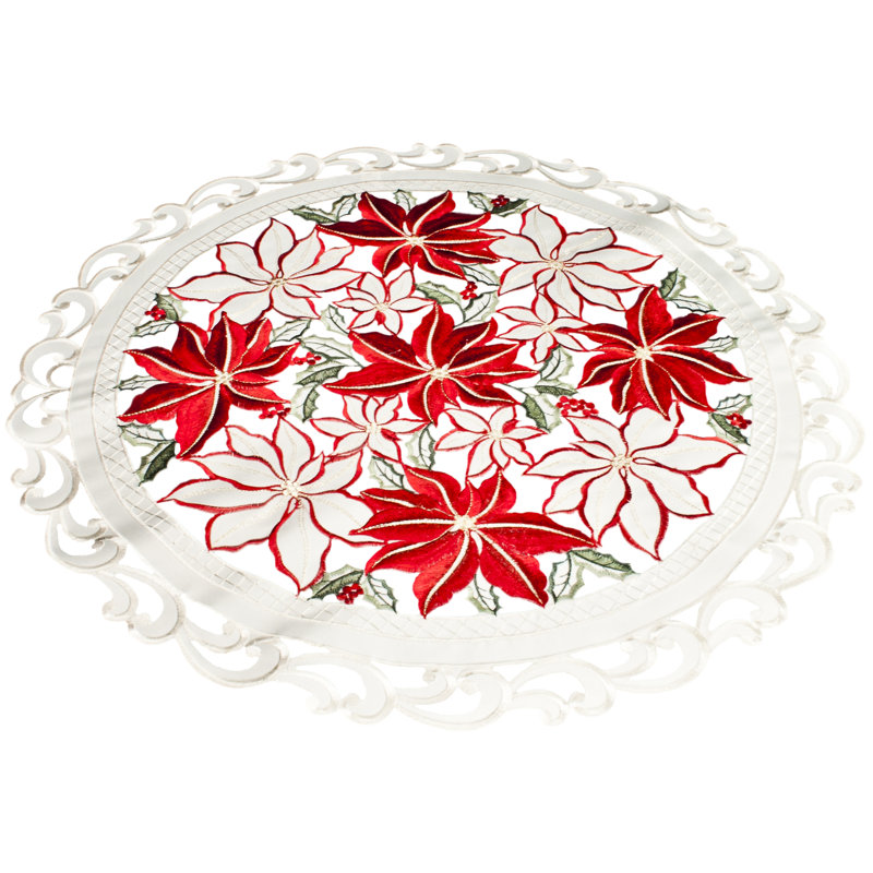 Grand plateau de table ivoire à motif de poinsettias, Rond 24 po