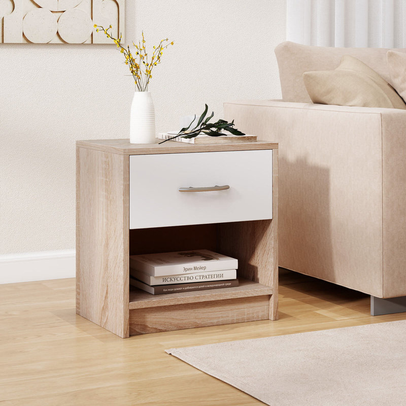  Table de chevet moderne avec table de chevet et tablette de rangement ouverte pour petits espaces , Blanc/naturel