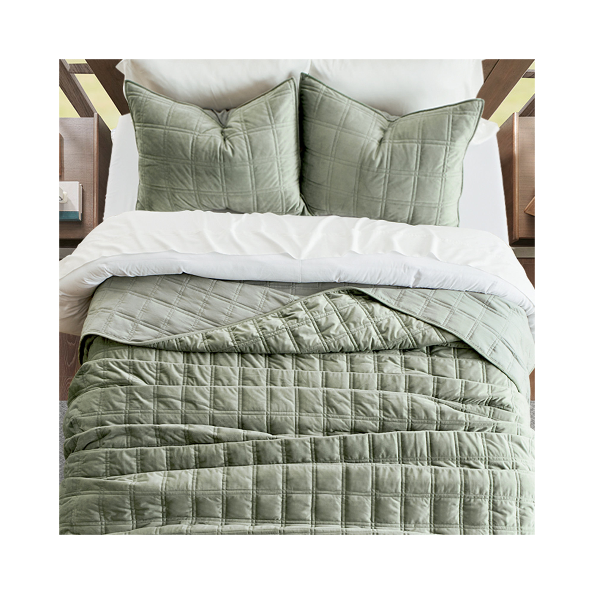 Double Box Stitch Velvet Quilt set, King Quilt + 2 King Shams, Sage Green