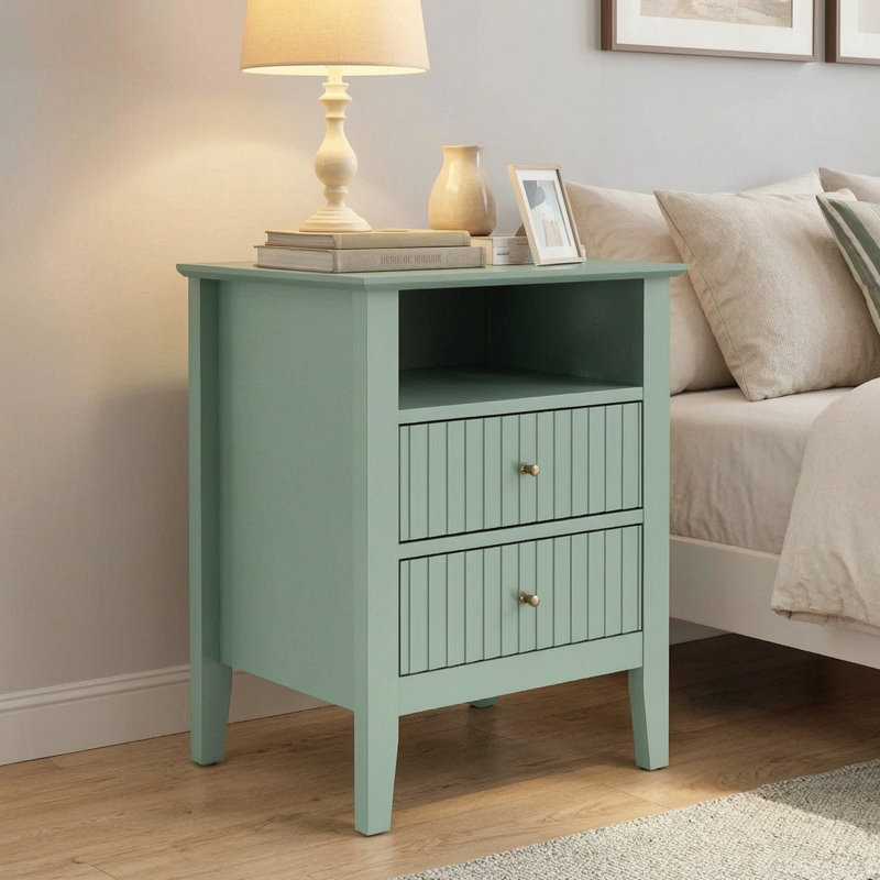 Table de chevet cannelée verte de 45,7 cm (18 po) avec 2 tiroirs - Table de chevet moderne pour chambre et salon