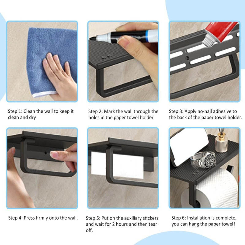 Porte-papier hygiénique auto-adhésif en aluminium noir - Distributeur mural de salle de bain et de cuisine peu encombrant avec compartiment de rangement antidérapant
