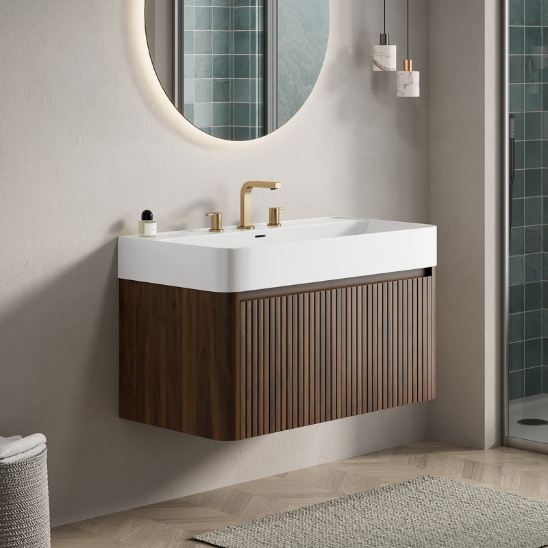 Meuble-lavabo suspendu de 76 cm et 91 cm avec lavabo, armoire de rangement murale, lavabo intégré en surface solide blanc brillant/beige crème chaud, 3 trous prépercés pour robinetterie, portes à fermeture amortie, armoire en noyer et chêne clair