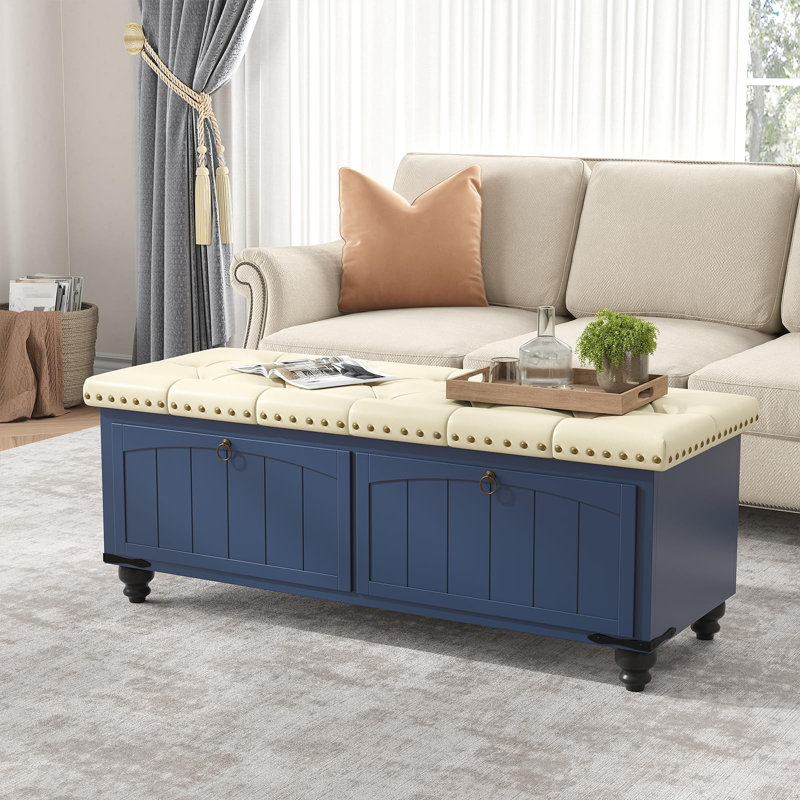 Repose-pieds en bois avec rangement et charnière de sécurité, Bleu