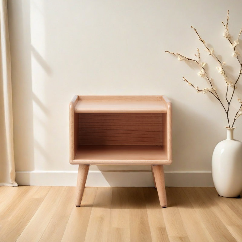 Table de chevet scandinave en bois massif - Armoire de rangement en hêtre naturel avec tablettes ouvertes et gestion des câbles