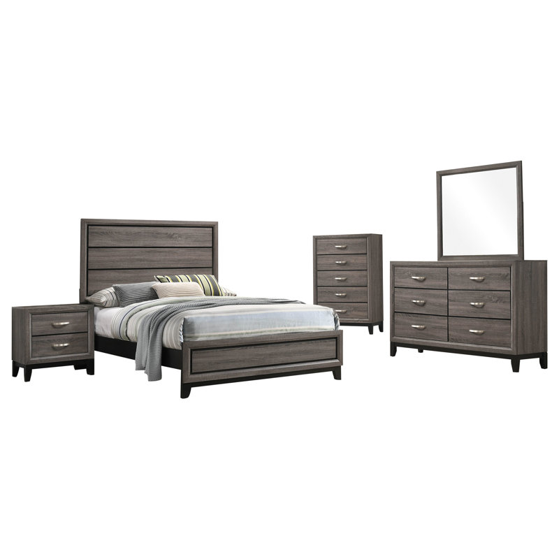 5 chambres doubles avec finition en chêne gris, design transitionnel, trois placages en papier d'ingénierie et rainures noires, quincaillerie en nickel, tiroirs à fermeture en douceur, fabrication de tiroir anglais, construction de rainures